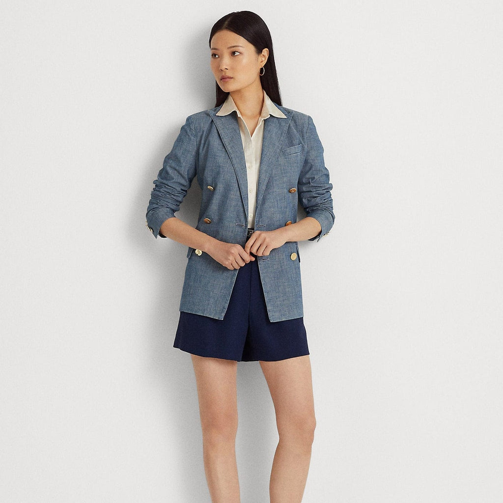 Lauren Ralph Lauren Plus Size Double-Breasted Chambray Blazer Women's Clothing Beryl Blue Wash : 18W