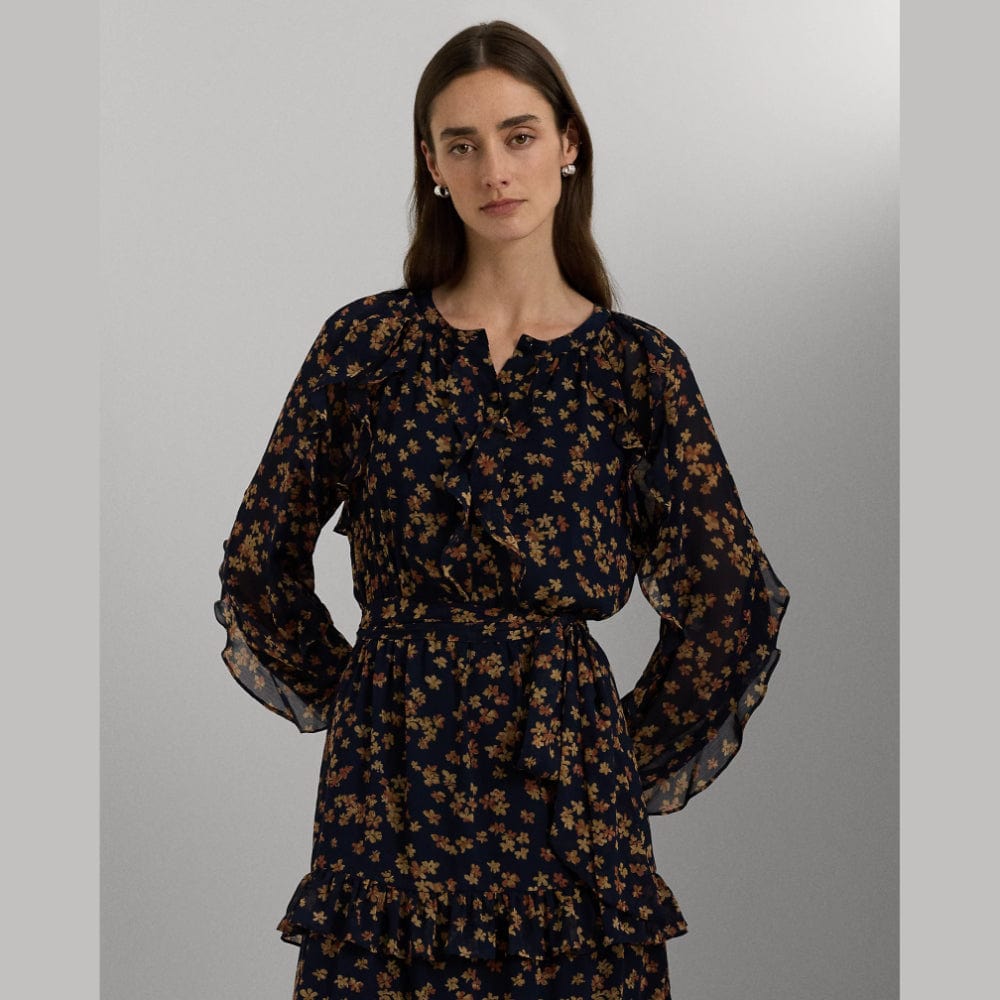 Lauren Ralph Lauren Floral Ruffle Trim Georgette Dress In Navy Multi