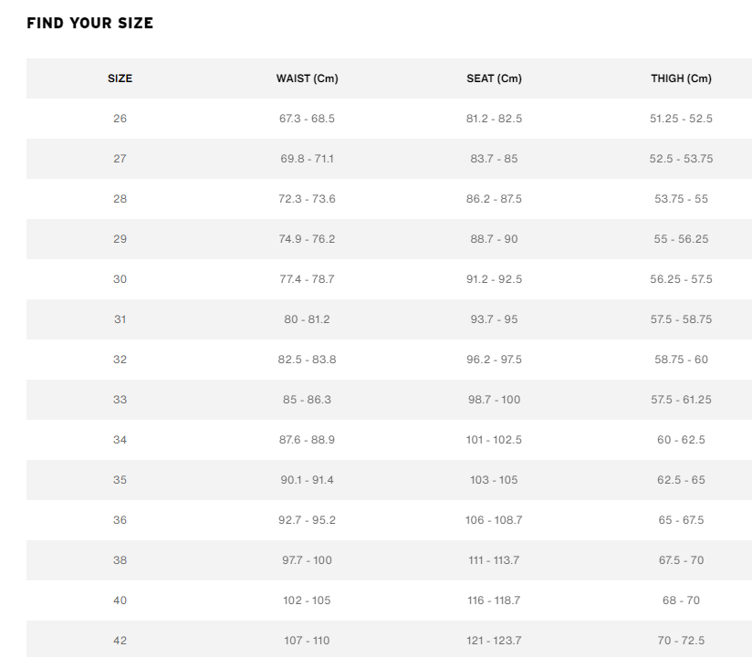 Levis 512 on sale size chart