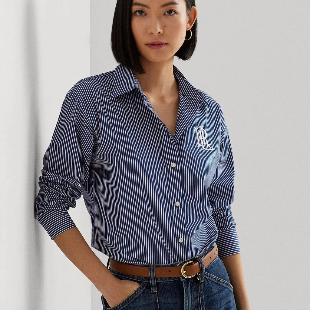 Lauren Ralph Lauren Women's Striped Logo Broadcloth Shirt (XL, Blue/White)