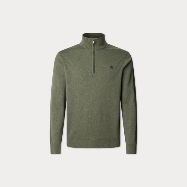 Hackett Cotton Silk Quater Zip Jumper In Thyme Green