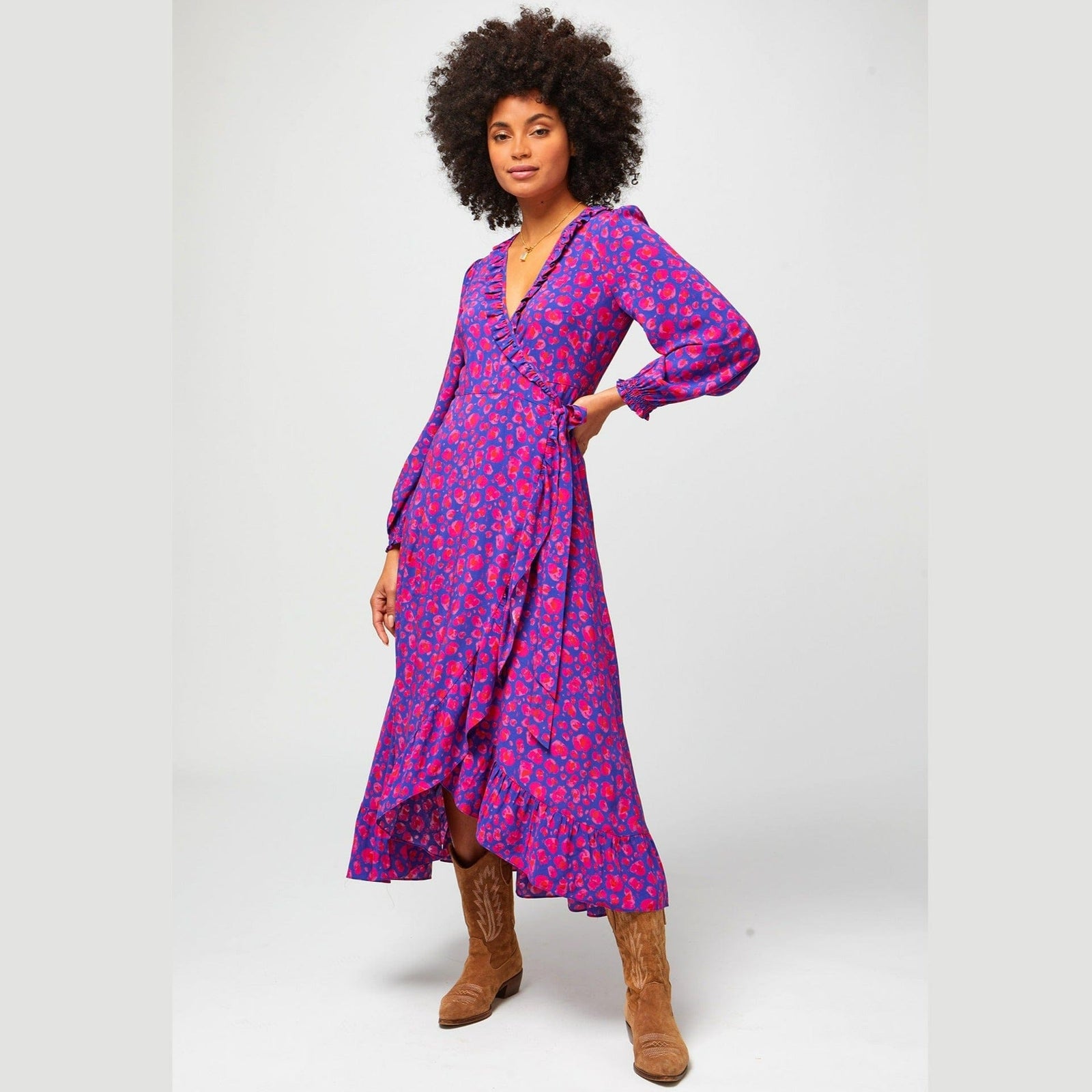 Aspiga Demi Long Sleeve Wrap Dress Cheetah Blue And Pink