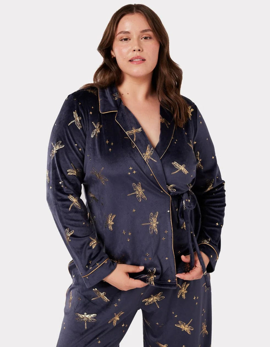 Chelsea Peers Velour Navy Gold Foil Dragonfly Print Pyjama Set