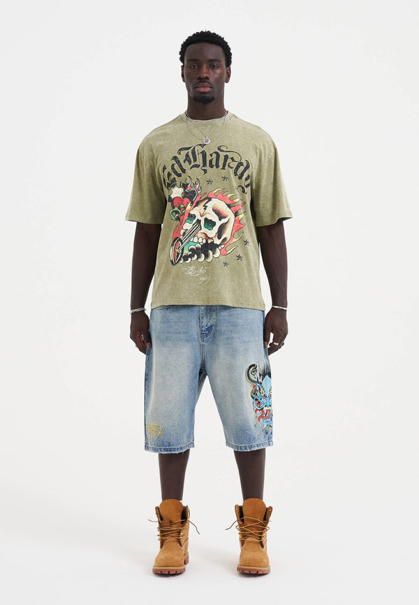 Ed Hardy Medusa Drag Denim Skater Jorts in Blue