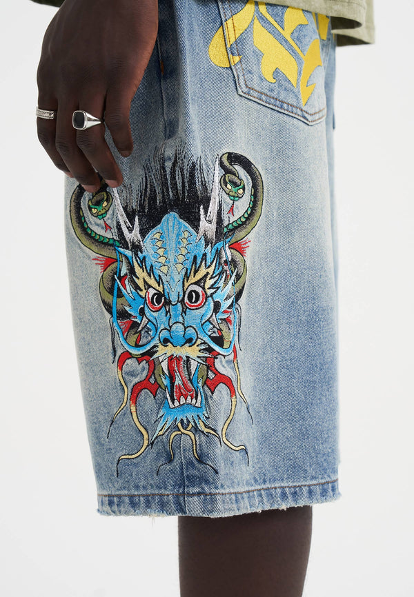 Ed Hardy Medusa Drag Denim Skater Jorts in Blue