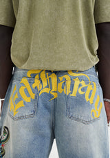 Ed Hardy Medusa Drag Denim Skater Jorts in Blue