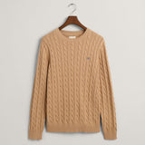 GANT Cotton Cable Knit Crew Neck Sweater in Dark Khaki