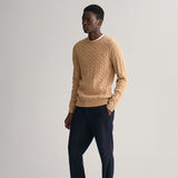 GANT Cotton Cable Knit Crew Neck Sweater in Dark Khaki