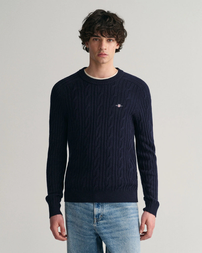 Gant Lambswool Cable Knit Crew Neck Sweater in Evening Blue