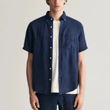 GANT Regular Fit Garment-Dyed Linen Short Sleeve Shirt in Marine