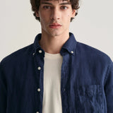 GANT Regular Fit Garment-Dyed Linen Short Sleeve Shirt in Marine