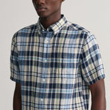 GANT Regular Fit Linen Madras Short Sleeve Shirt Marine