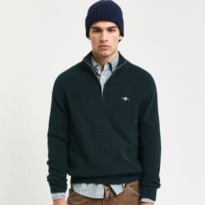 GANT Ribbed Cotton Wool Half-Zip Sweater in Tartan Green