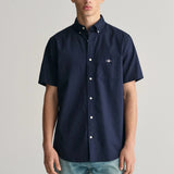 Gant Regular Fit Cotton Linen Short Sleeve Shirt in Evening Blue