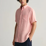 Gant Regular Fit Linen Short Sleeve Shirt in Peachy Pink