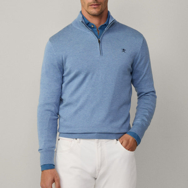 Hackett Cotton-silk Quarter Zip jumper In Sea Blue