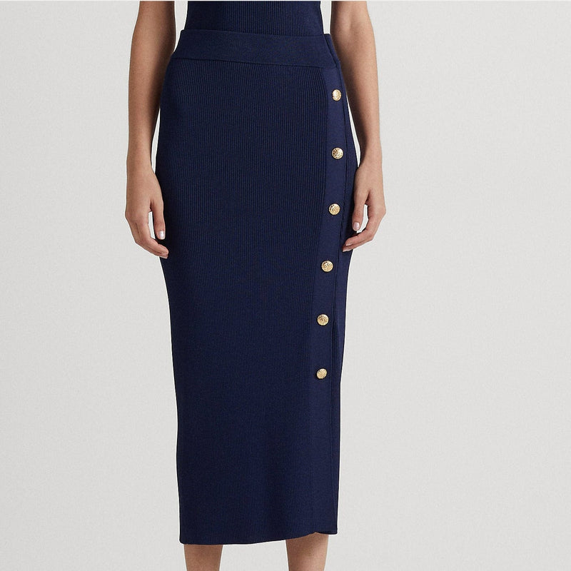 Lauren Ralph Lauren Button-Front Rib-Knit Midi Skirt Navy