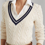 Lauren Ralph Lauren Cable-Knit Cricket Jumper Cream French Navy