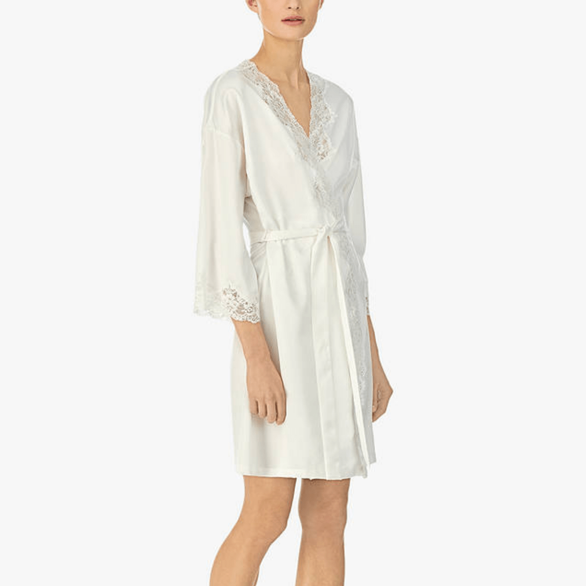 Lauren Ralph Lauren Lace Detail Signature Satin Kimono Robe Ivory