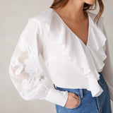 Ro&Zo White Embroidery Mesh Sleeve Blouse