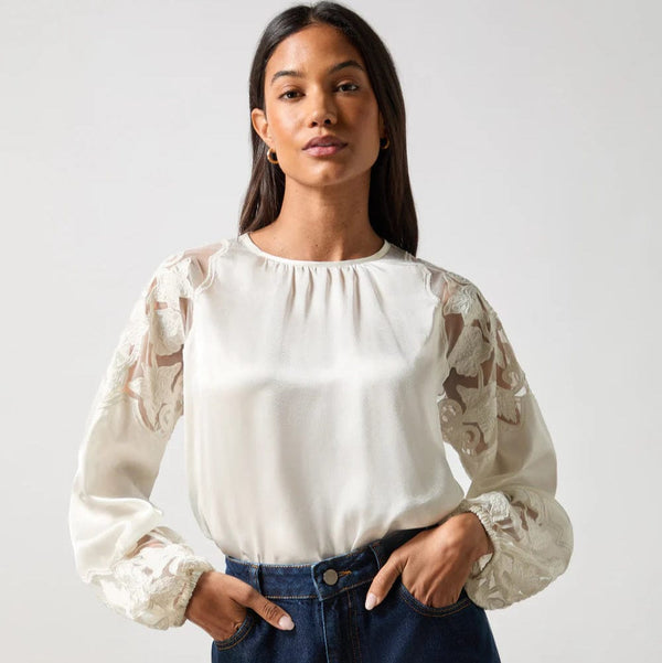 Ro&Zo Ivory Satin Lace Insert Blouse