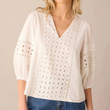 Ro&Zo White Broderie V Neck Top in White