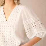 Ro&Zo White Broderie V Neck Top in White