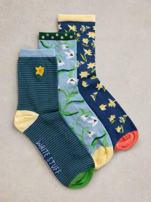 White Stuff 3PK Spring Floral Ankle Socks in Blue