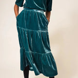 White Stuff Mia Velvet Tiered Skirt Mid Teal