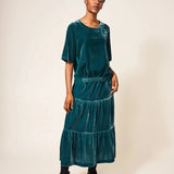 White Stuff Mia Velvet Tiered Skirt Mid Teal